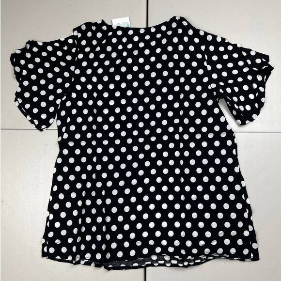 Women's Medium Black Polk Dot Short Sleeve V Neck Loose Chiffon Blouse Top - Picture 6 of 6